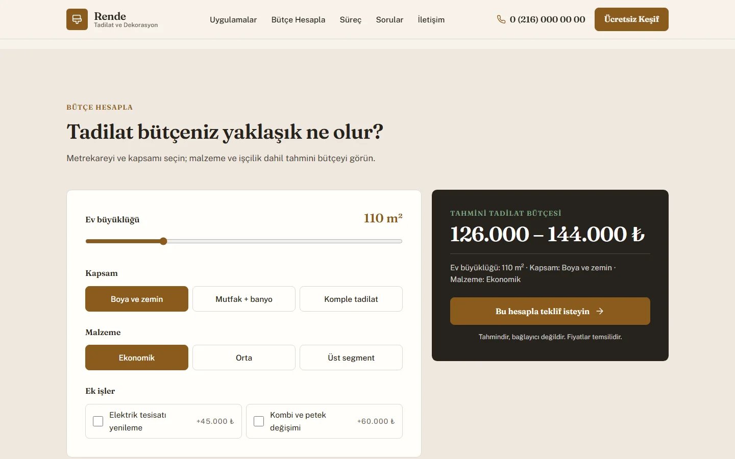 Tadilat ve Dekorasyon örnek web sitesinde hesaplama aracı bölümü