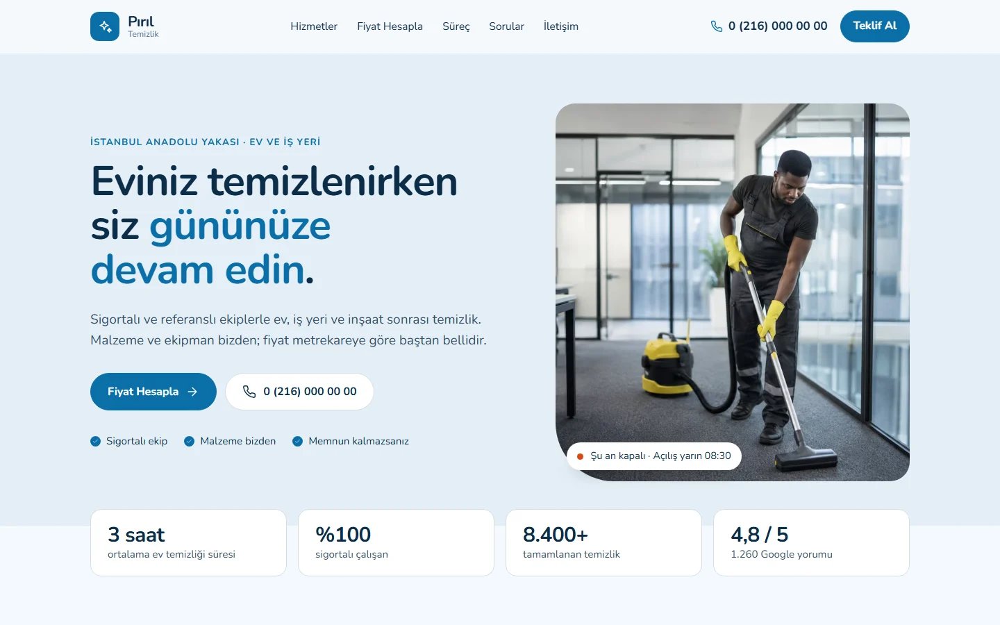 Temizlik Şirketi için örnek web sitesinin masaüstü açılış ekranı