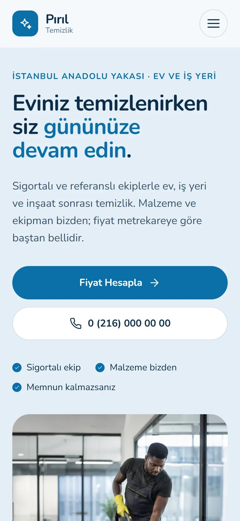 Temizlik Şirketi için örnek web sitesinin telefon görünümü