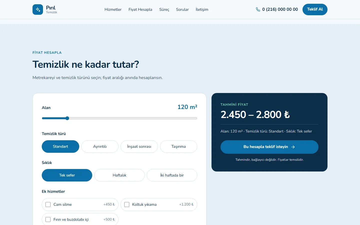 Temizlik Şirketi örnek web sitesinde hesaplama aracı bölümü
