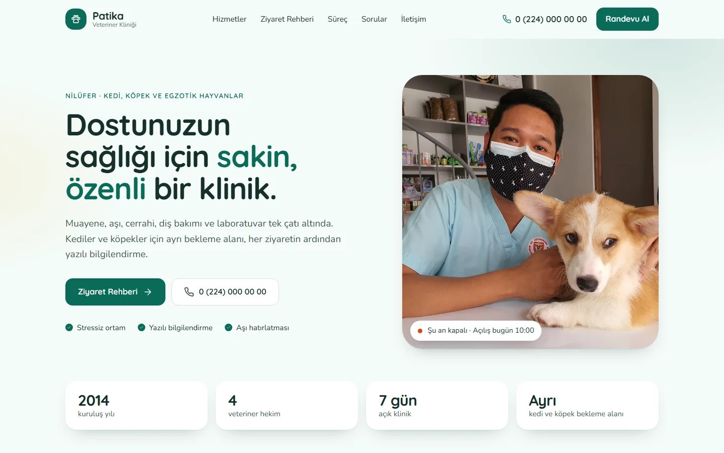 Veteriner Kliniği için örnek web sitesinin masaüstü açılış ekranı