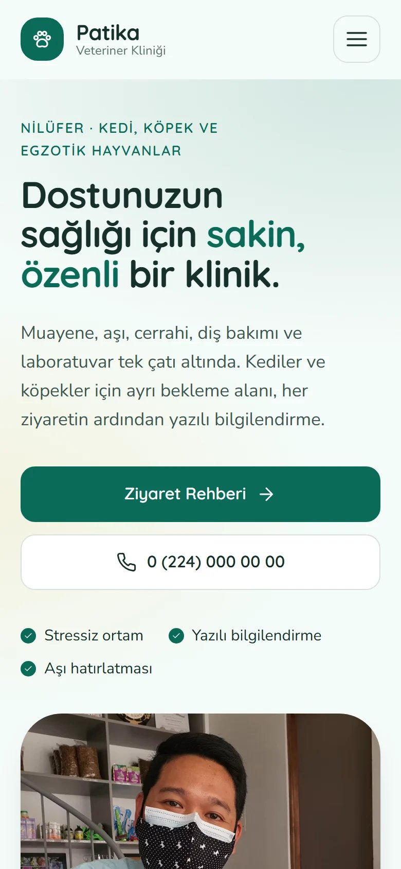 Veteriner Kliniği için örnek web sitesinin telefon görünümü