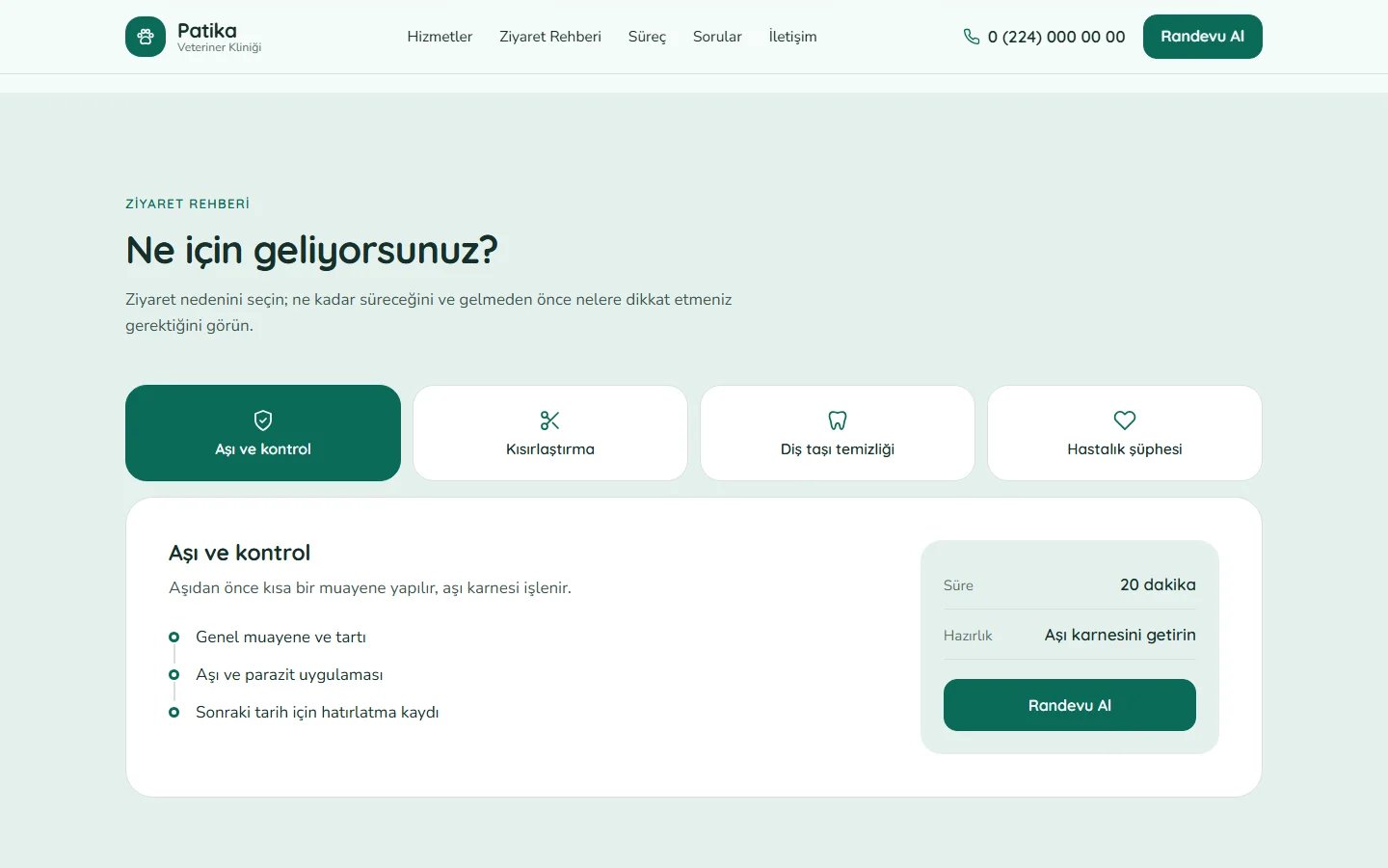 Veteriner Kliniği örnek web sitesinde seçim aracı bölümü