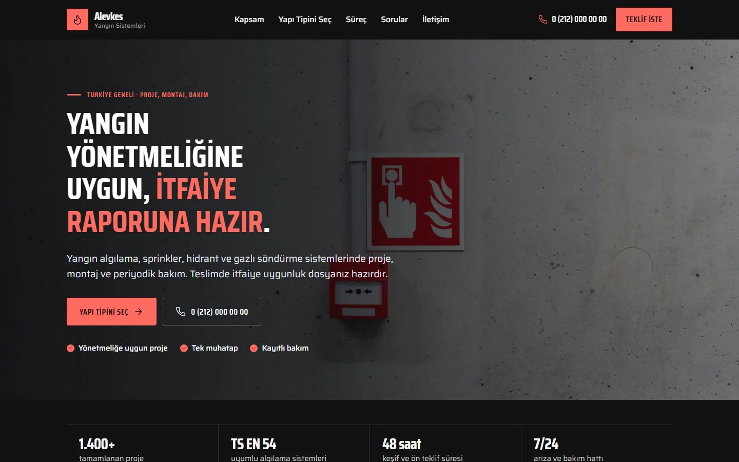 Yangın Sistemleri için örnek web sitesinin masaüstü açılış ekranı