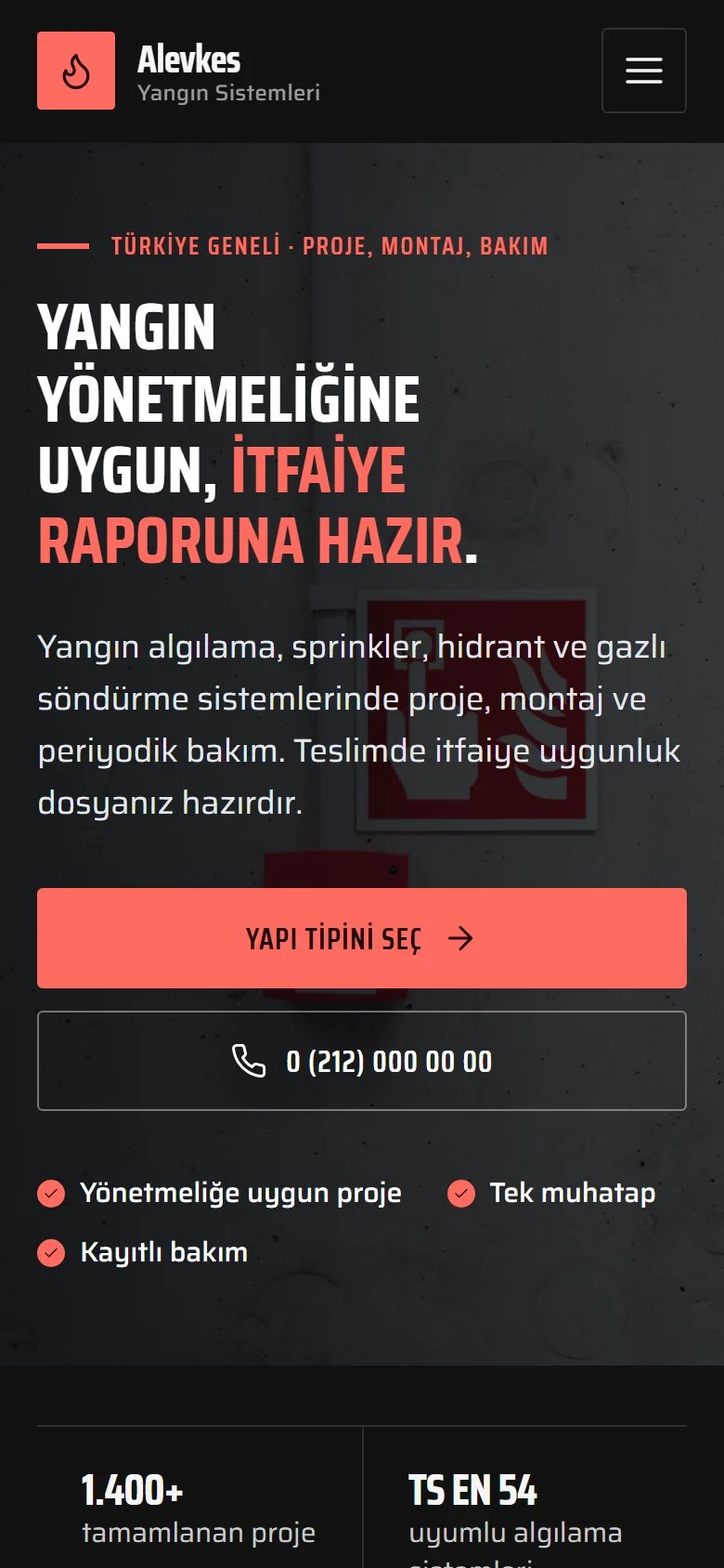 Yangın Sistemleri için örnek web sitesinin telefon görünümü