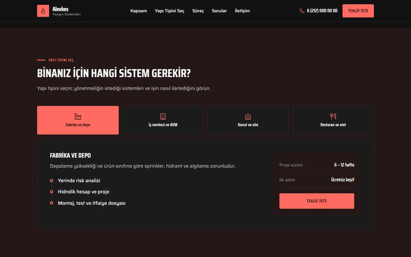 Yangın Sistemleri örnek web sitesinde seçim aracı bölümü